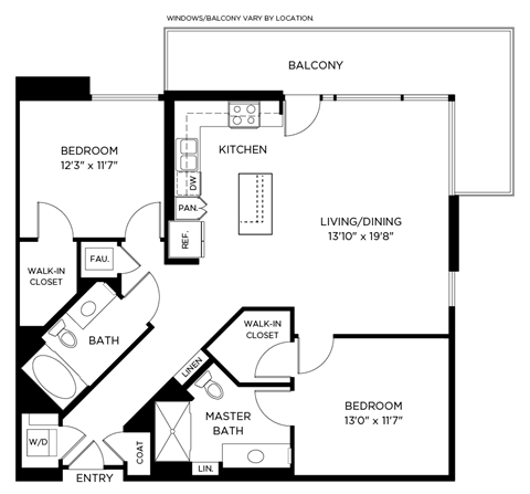 A floor plan of a house with a balcony, two bedrooms, a living/dining area, a kitchen, a bathroom, and a walk-in closet.